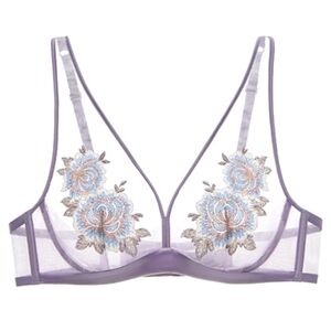 NWT Understance Plunge Unlined Bra Thong Set 34C Medium Mauve Floral Embroidered